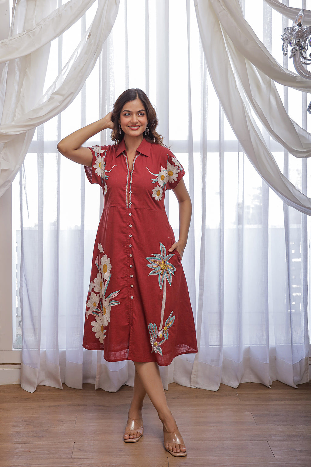 Akul Red Embroidey Dress