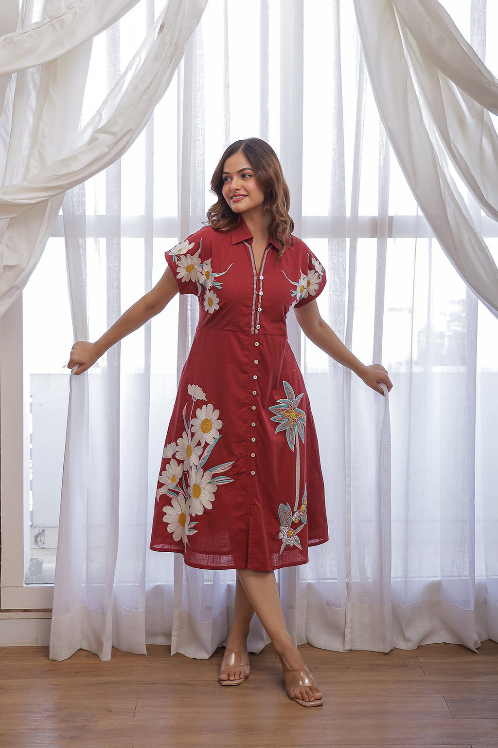 Akul Red Embroidey Dress