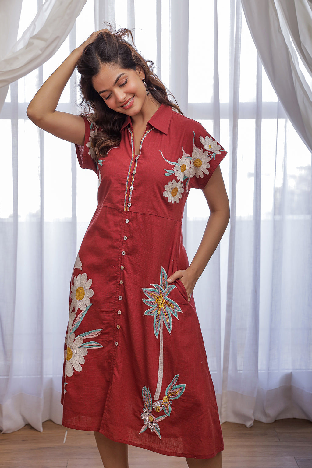 Akul Red Embroidey Dress