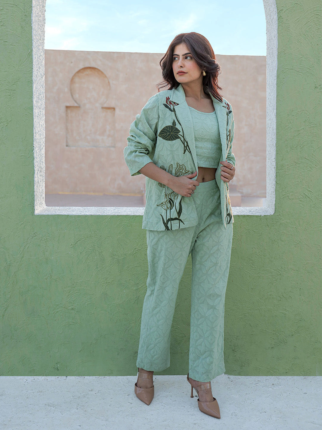 Blazzer Green Embroidery Co-ord Set