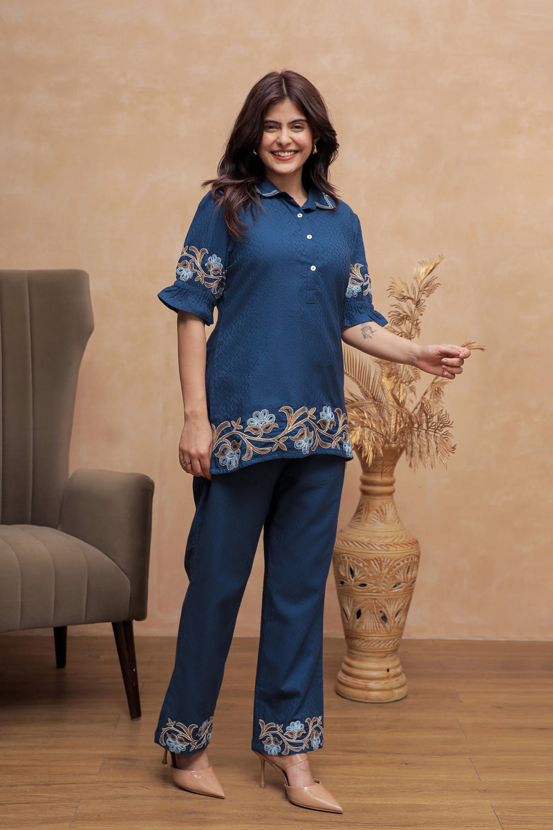 Navya blue embroidery co-ord set