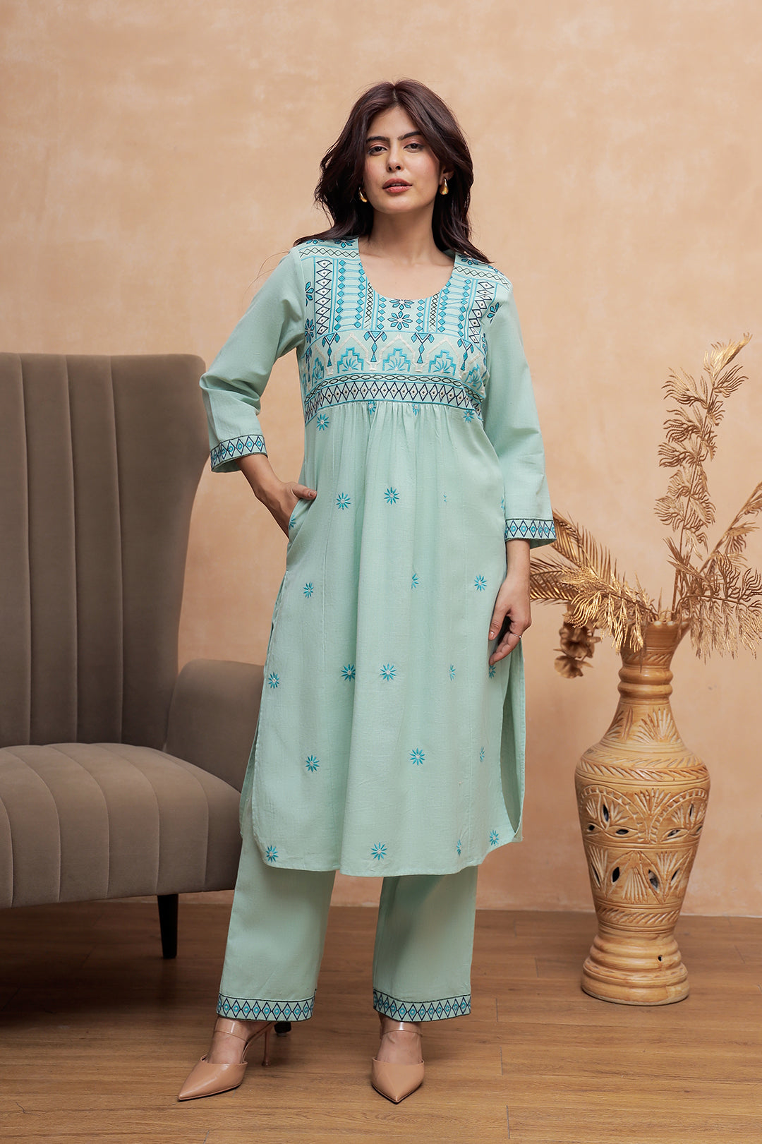 Lily Teal Green Embroidery Kurta Set