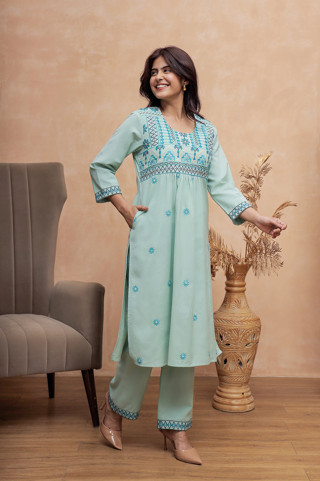 Lily Teal Green Embroidery Kurta Set