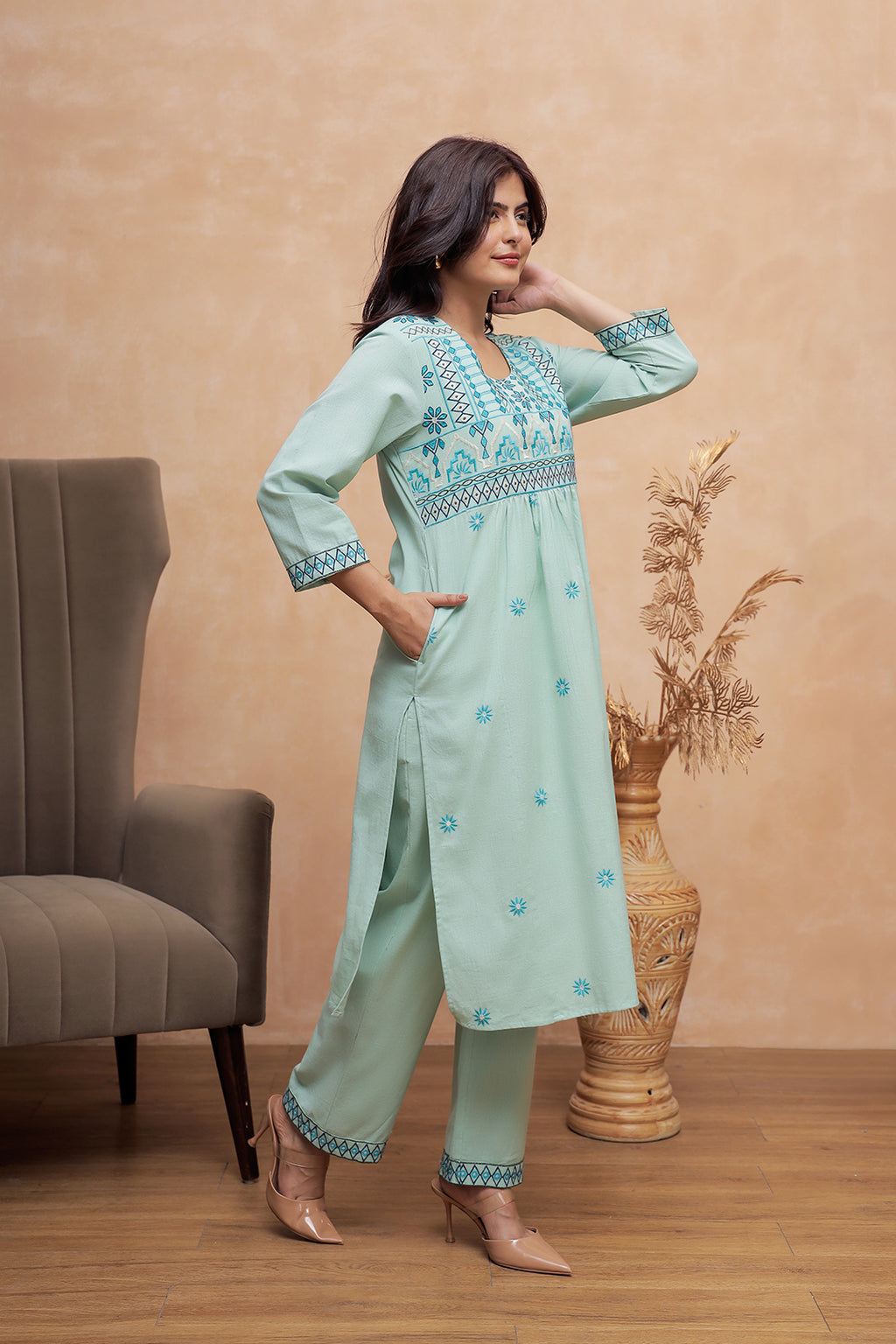 Lily Teal Green Embroidery Kurta Set