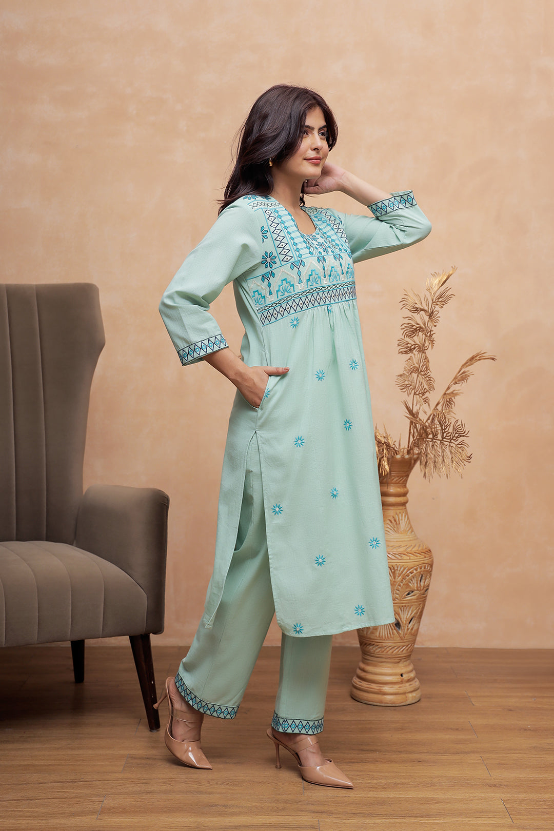 Lily Teal Green Embroidery Kurta Set