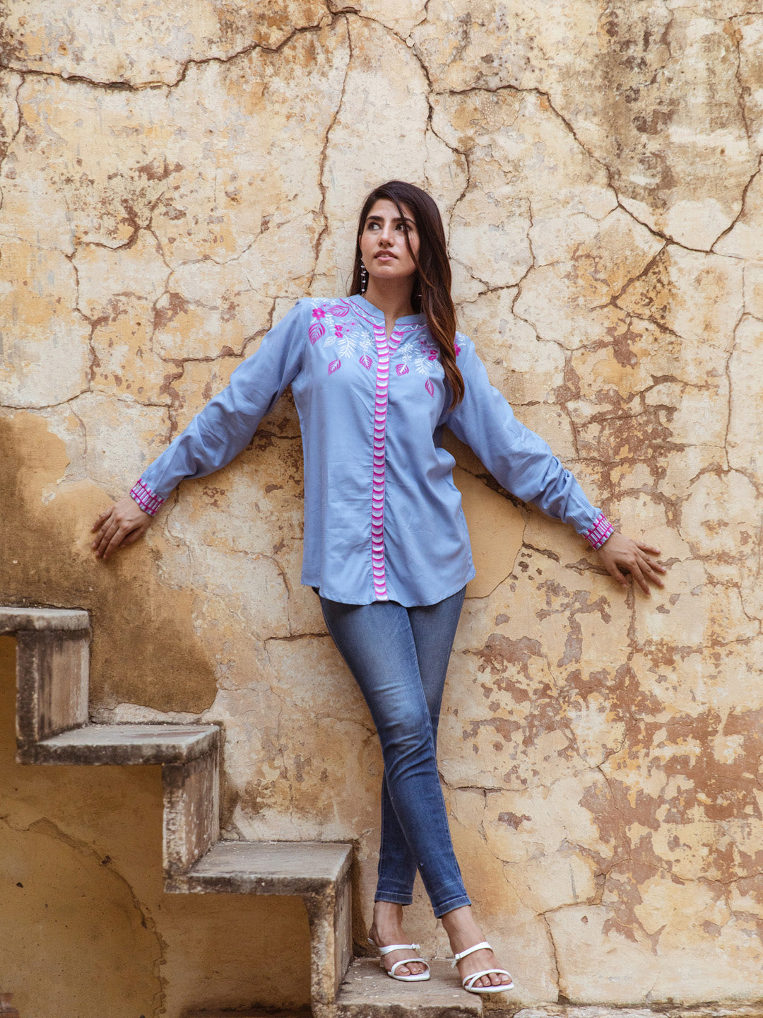 Willow Blue Embroidery Top