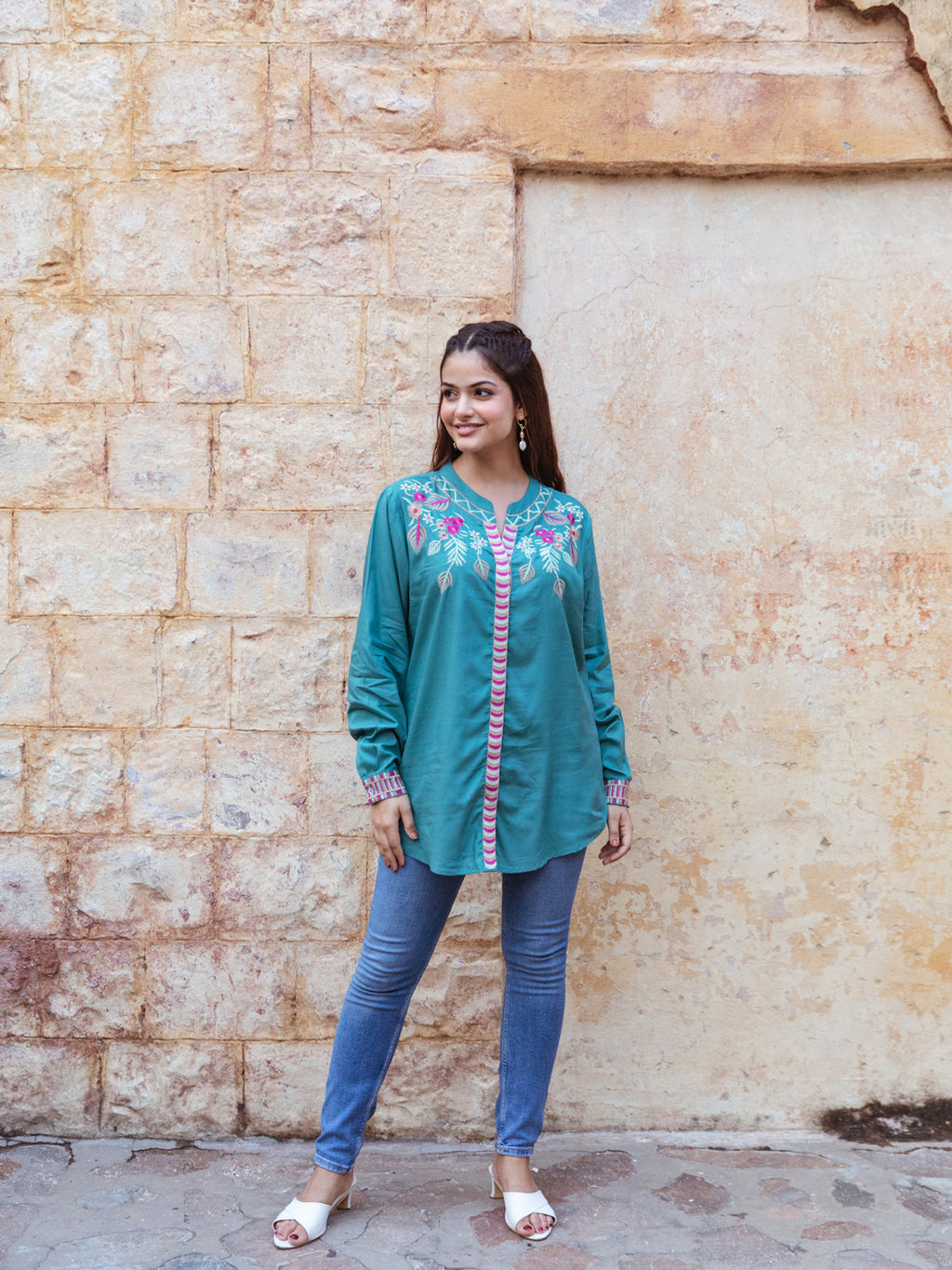 Willow Teal Green Embroidery Top