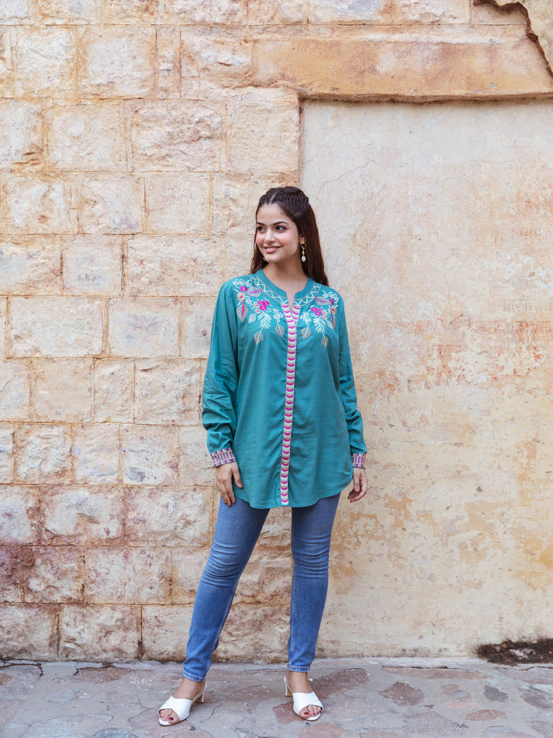 Willow Teal Green Embroidery Top