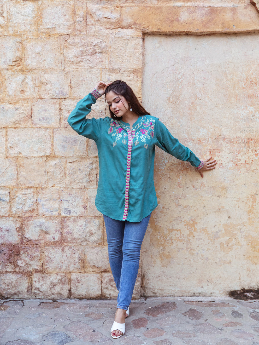 Willow Teal Green Embroidery Top