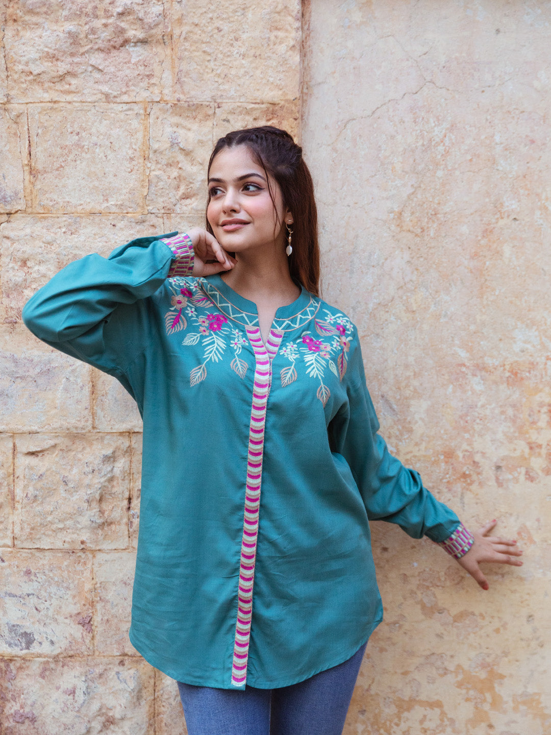 Willow Teal Green Embroidery Top