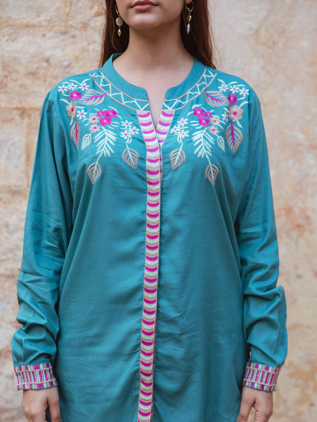 Willow Teal Green Embroidery Top