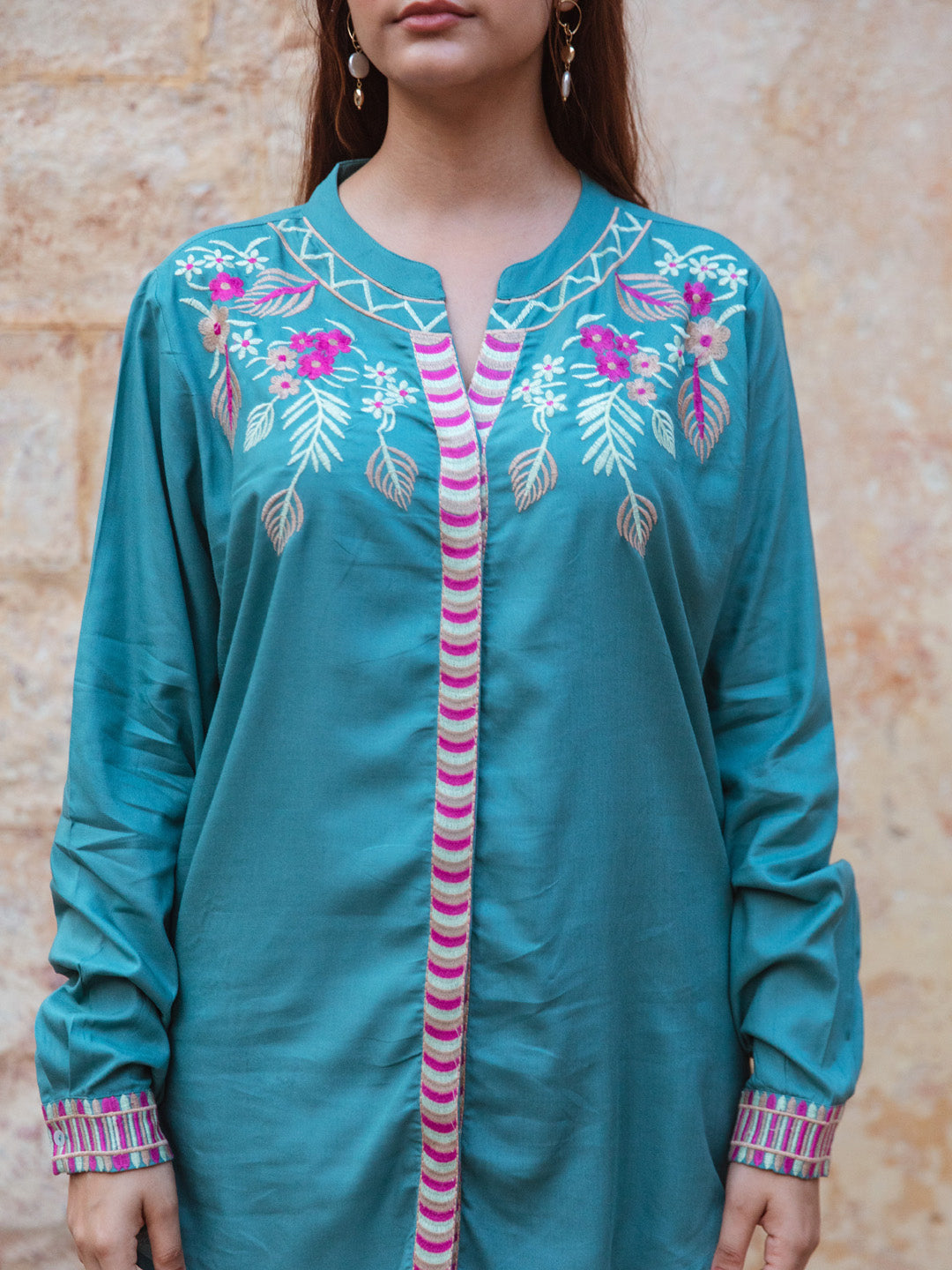 Willow Teal Green Embroidery Top