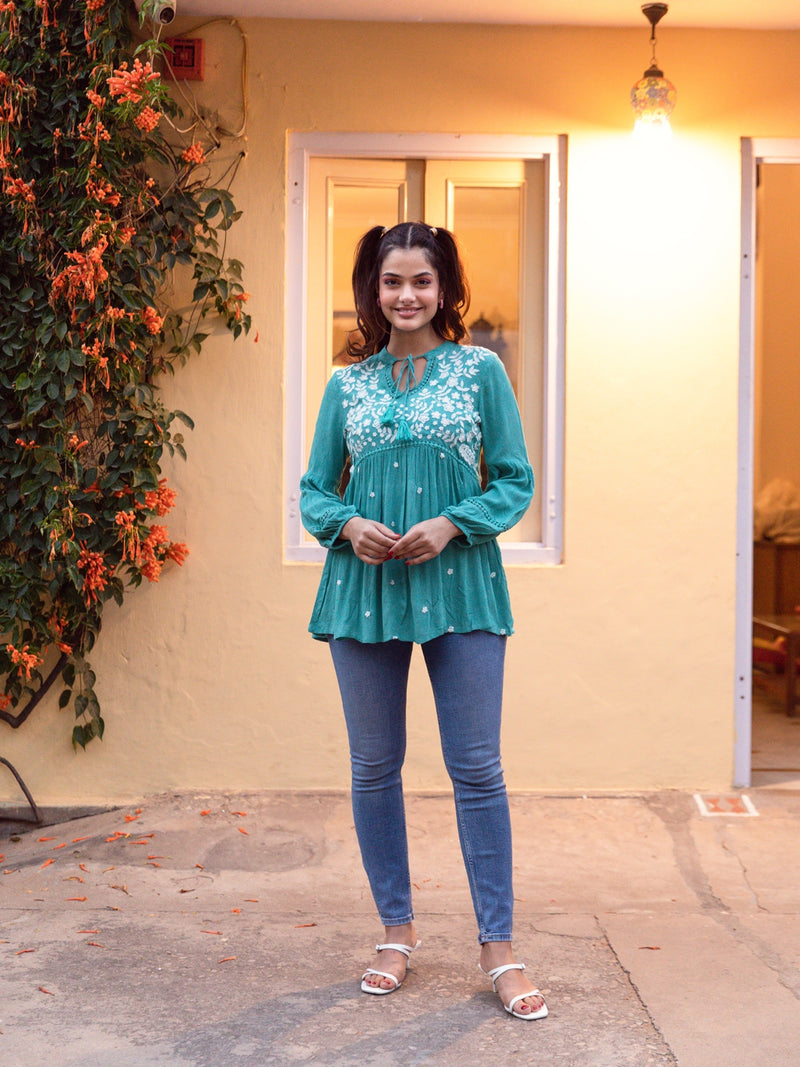 ELSIE EMBROIDERED TOP (TEAL)