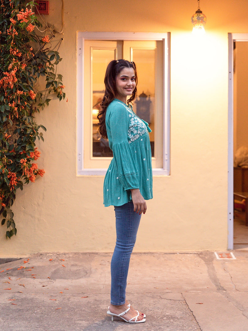 ELSIE EMBROIDERED TOP (TEAL)