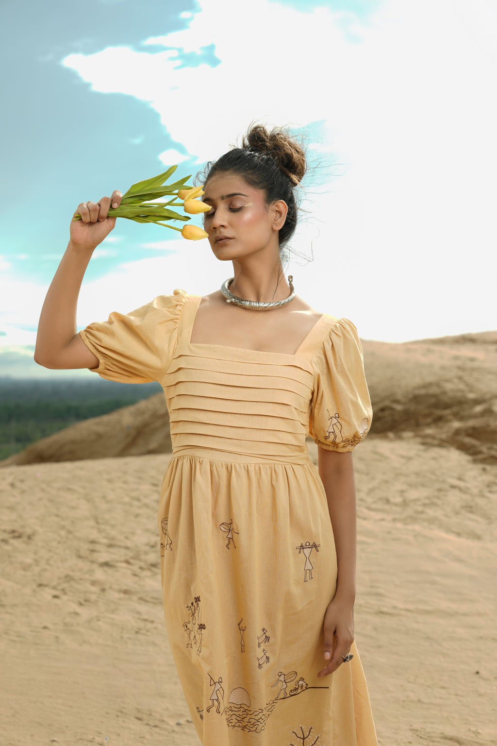 Fornt Pleat Embroidery Dress