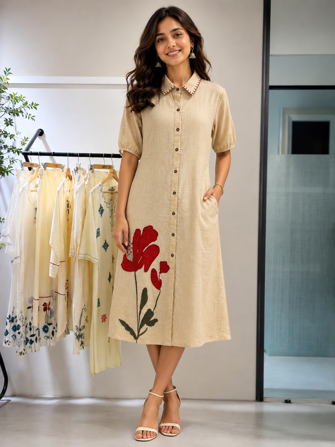Savi Beige Embroidery Dress