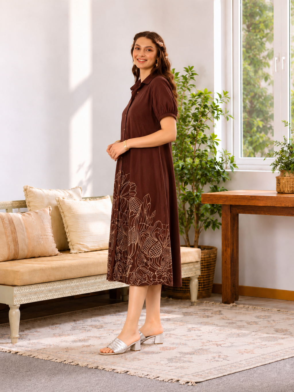 Nora Brown Embroidery Dress