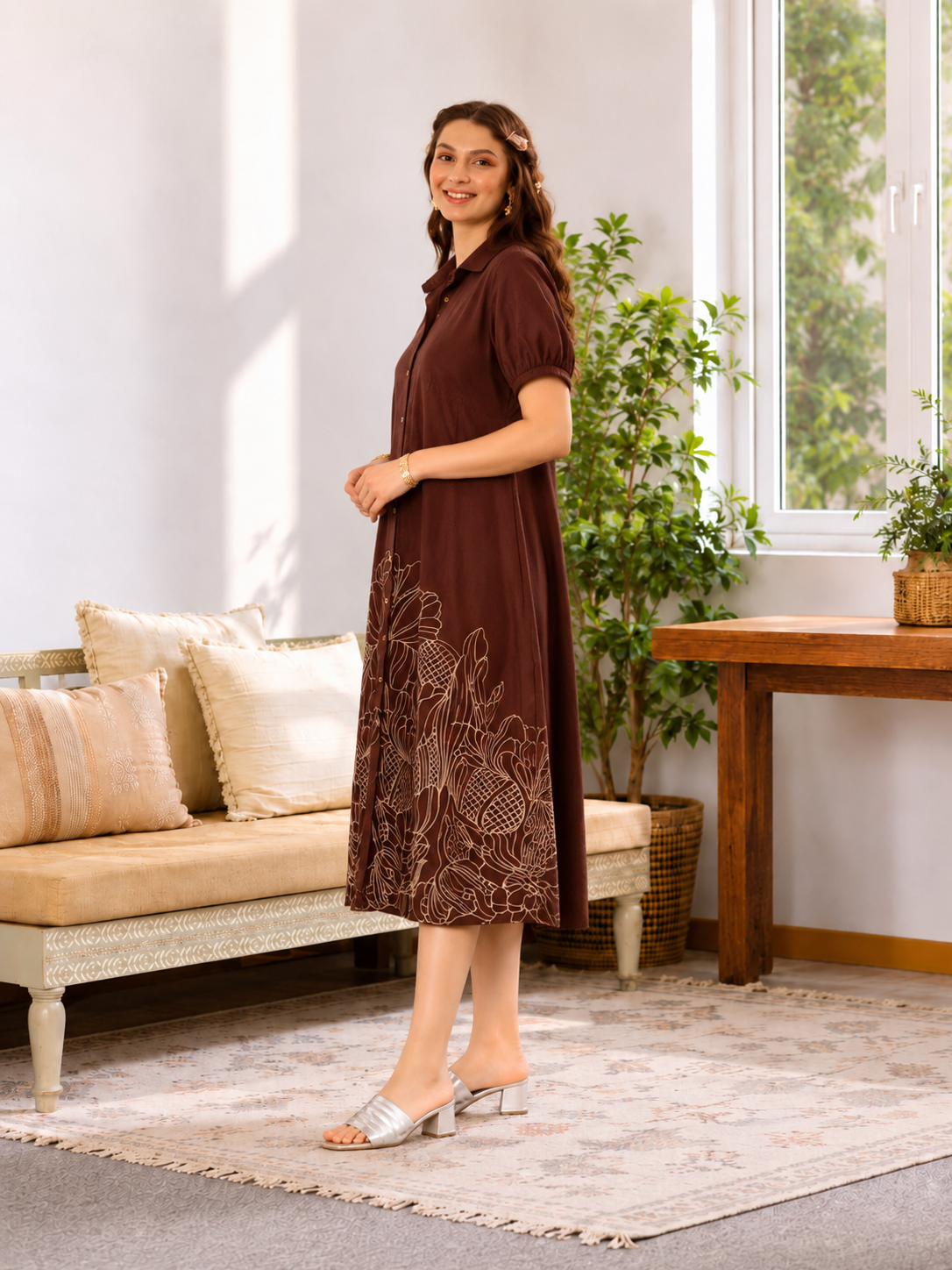 Nora Brown Embroidery Dress