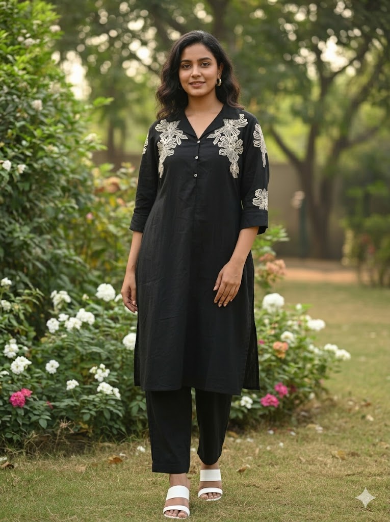 Handson Black Embroidery Kurta Set