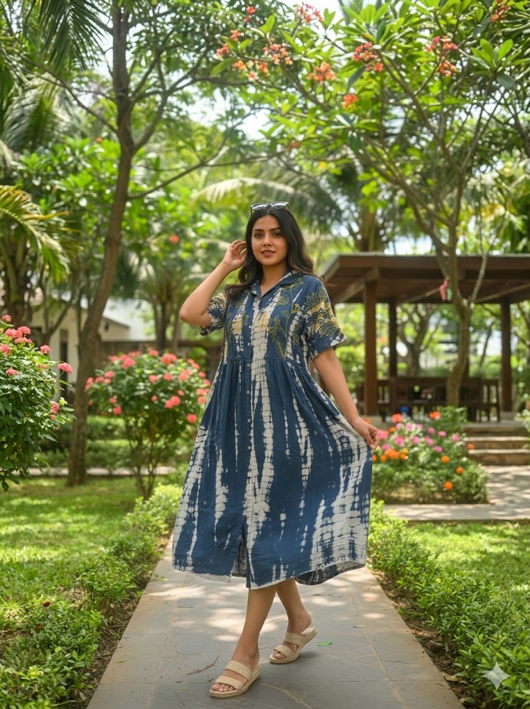 Peas Tie-dye Blue Embroidery Dress