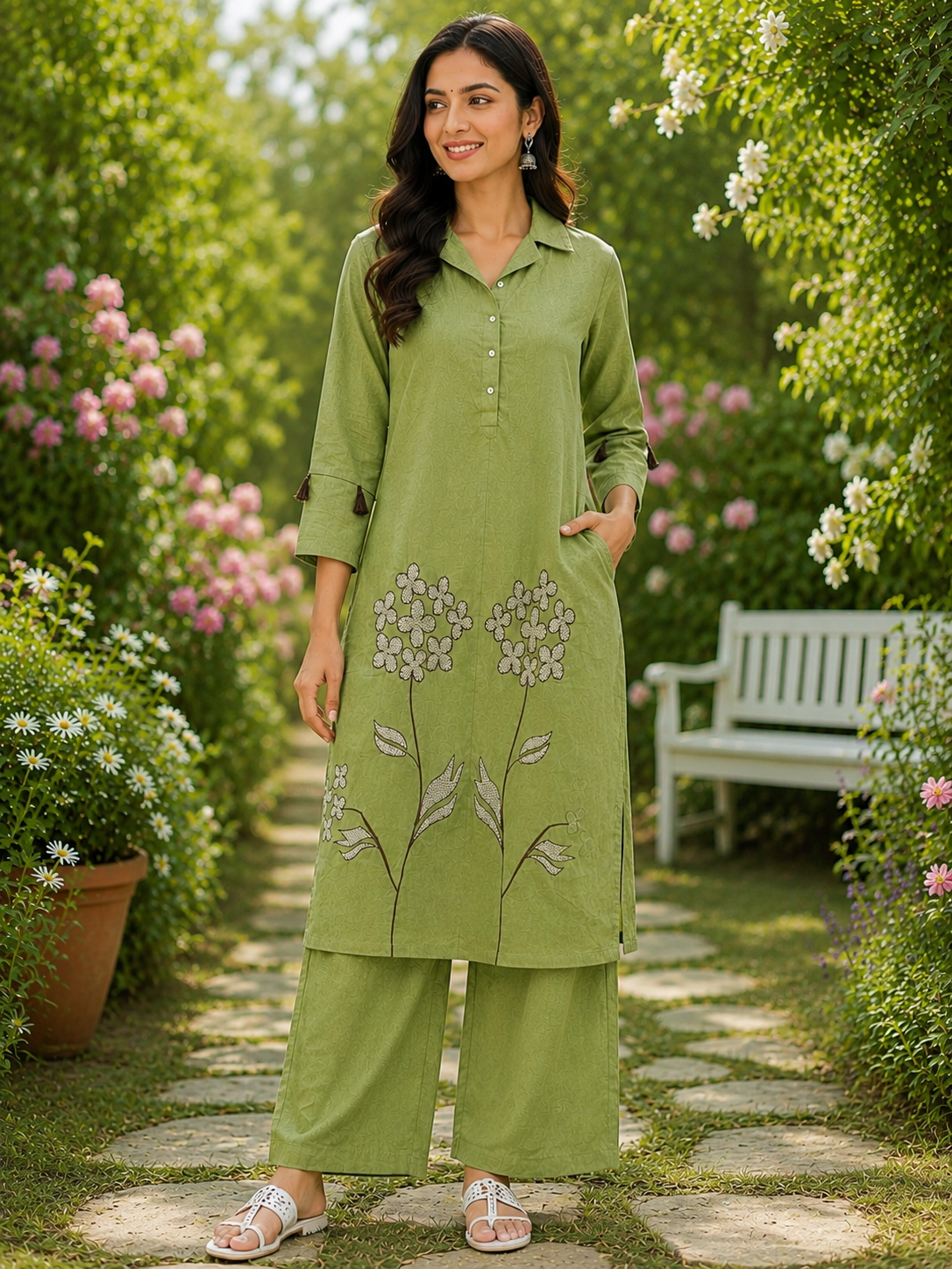 Flaur Olive Green Embroidery Co-ord set