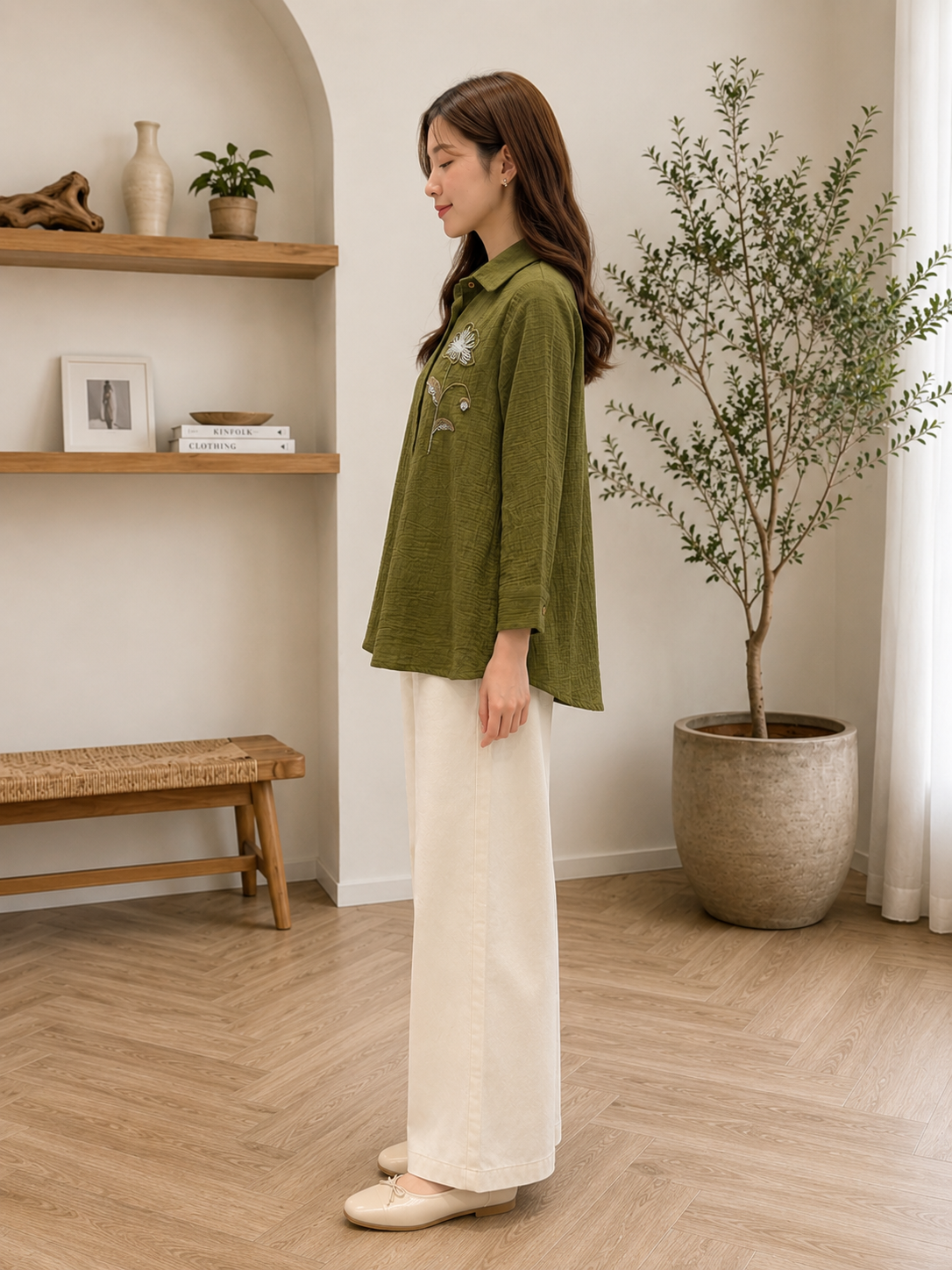 Slovey Olive  Green Hand Work Embroidery Shrit
