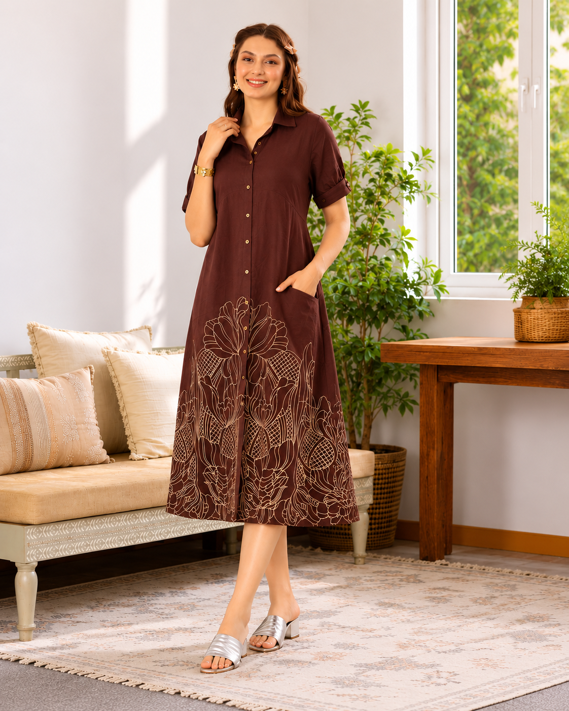 Nora Brown Embroidery Dress