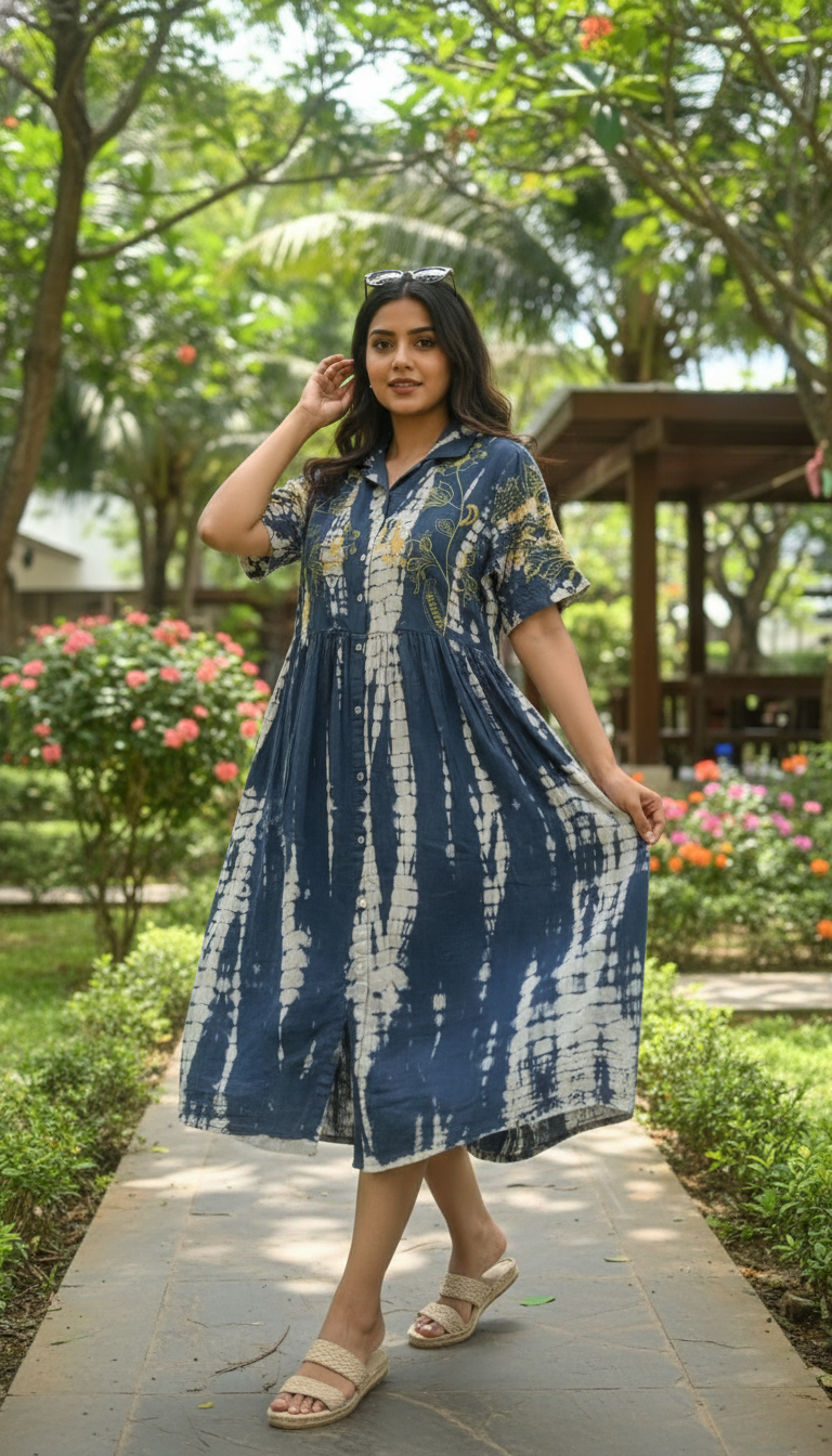 Peas Tie-dye Blue Embroidery Dress