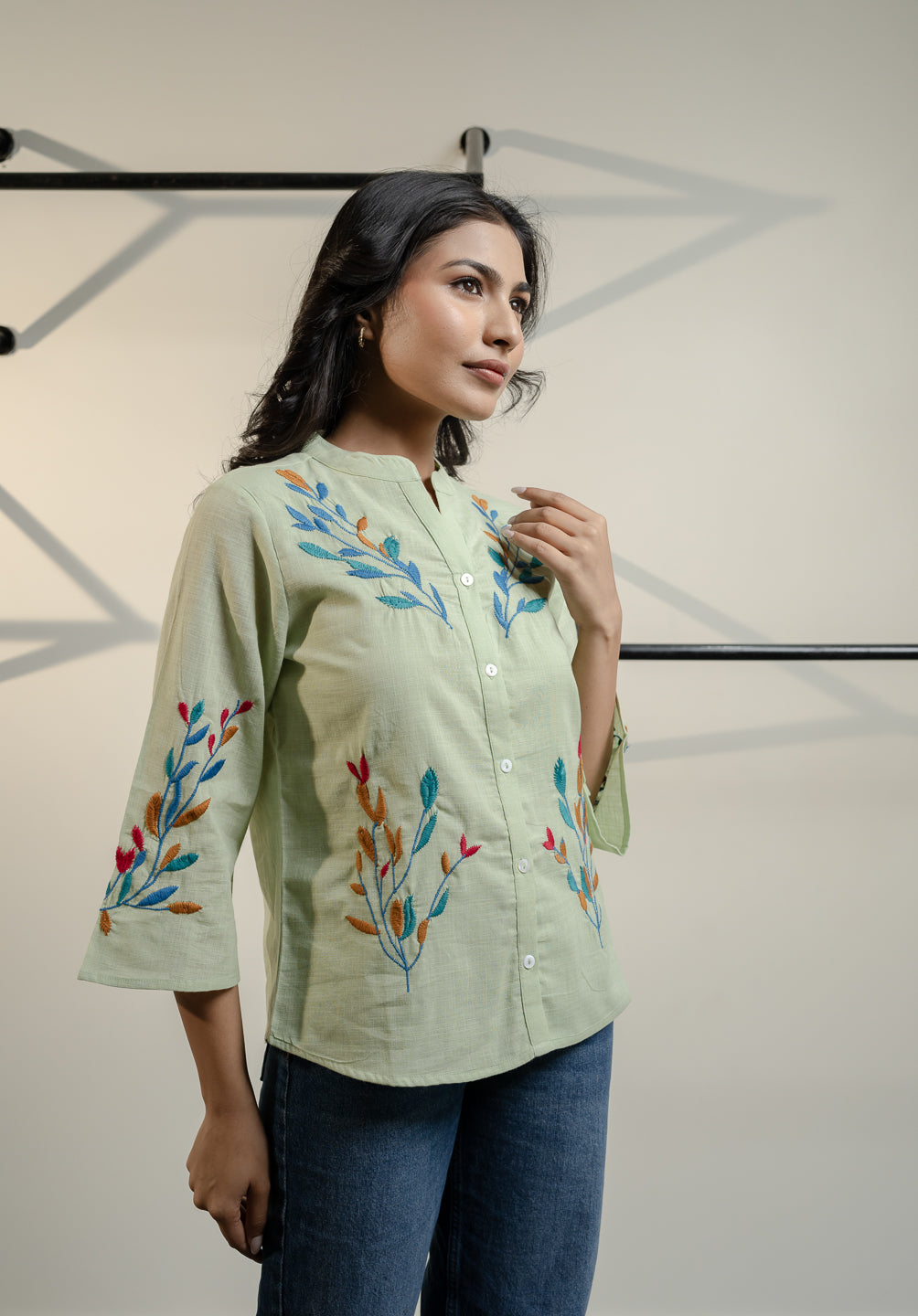 Oja  Embroidery Green Top