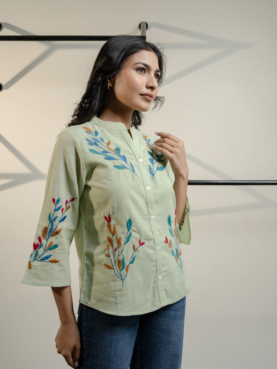 Oja  Embroidery Green Top
