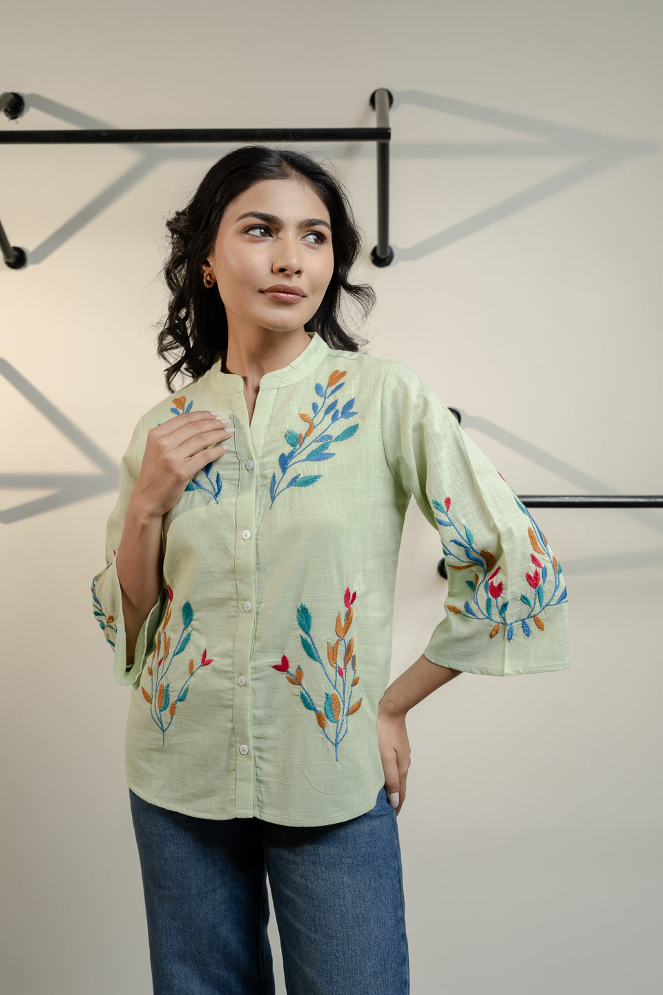 Oja  Embroidery Green Top
