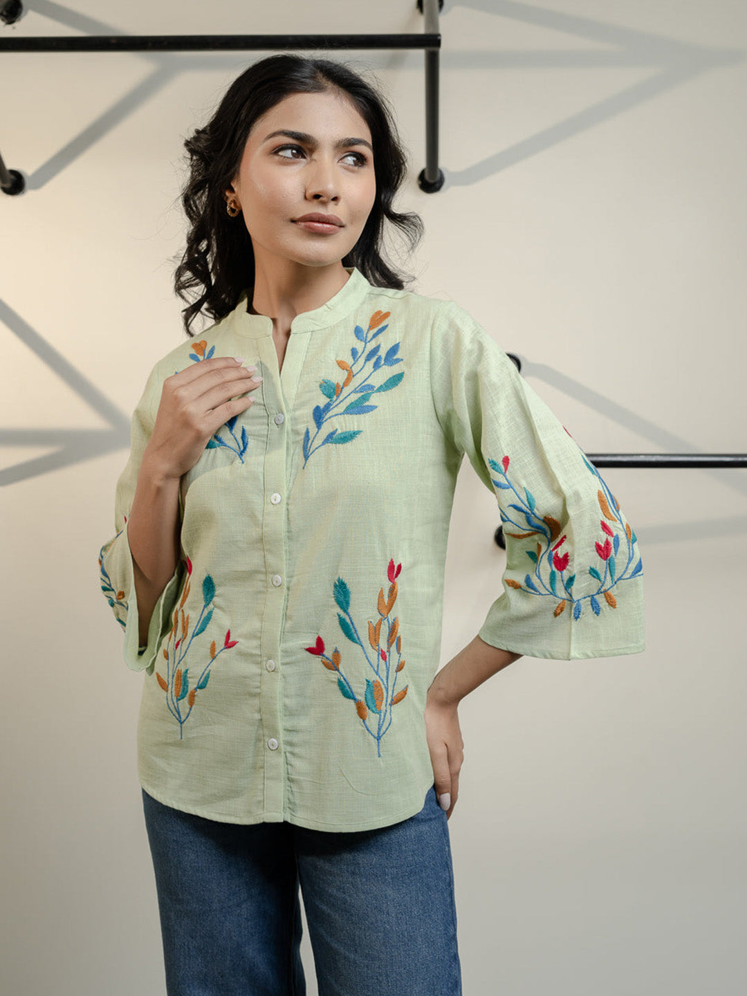 Oja  Embroidery Green Top