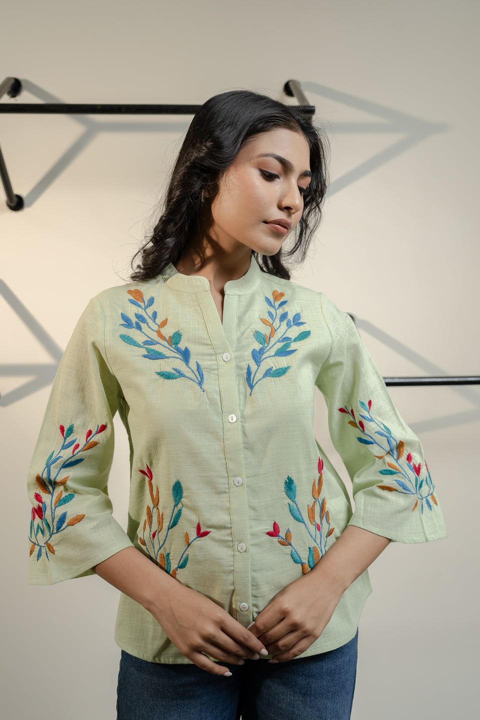 Oja  Embroidery Green Top