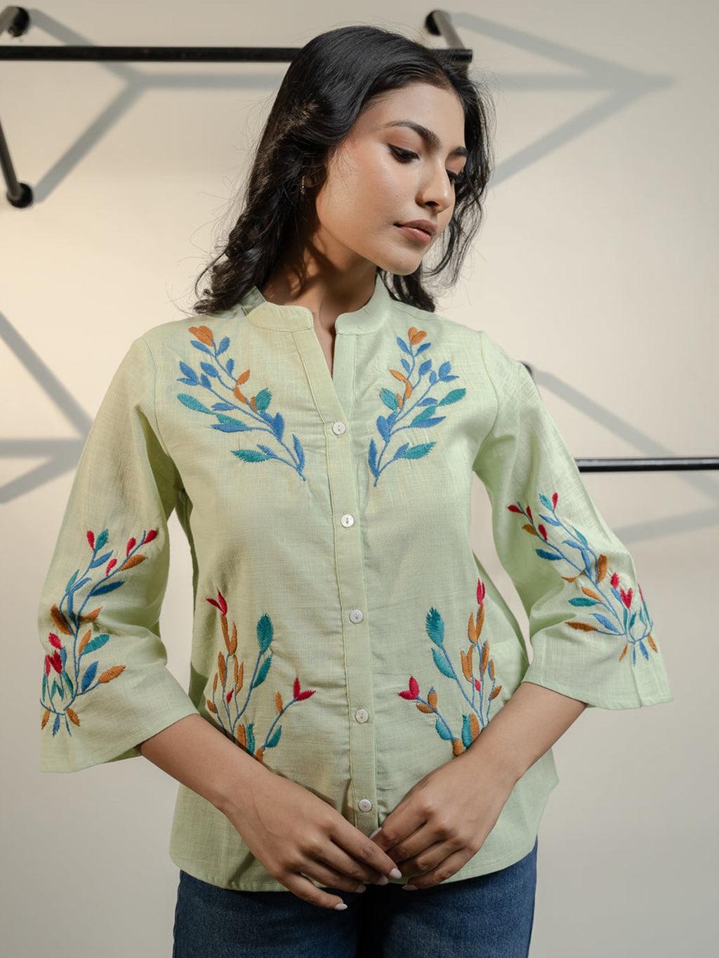 Oja  Embroidery Green Top