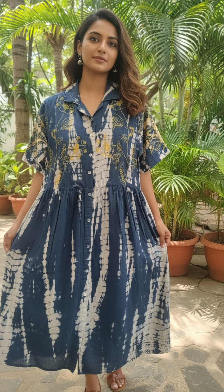 Peas Tie-dye Blue Embroidery Dress