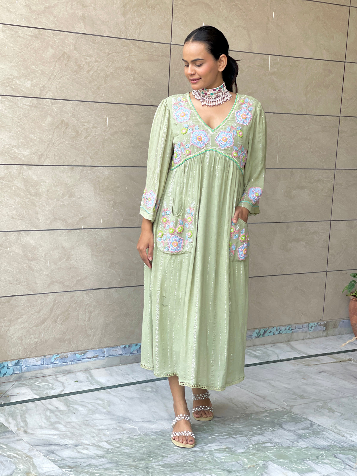 Deetya green Appliqué Handwork Dress