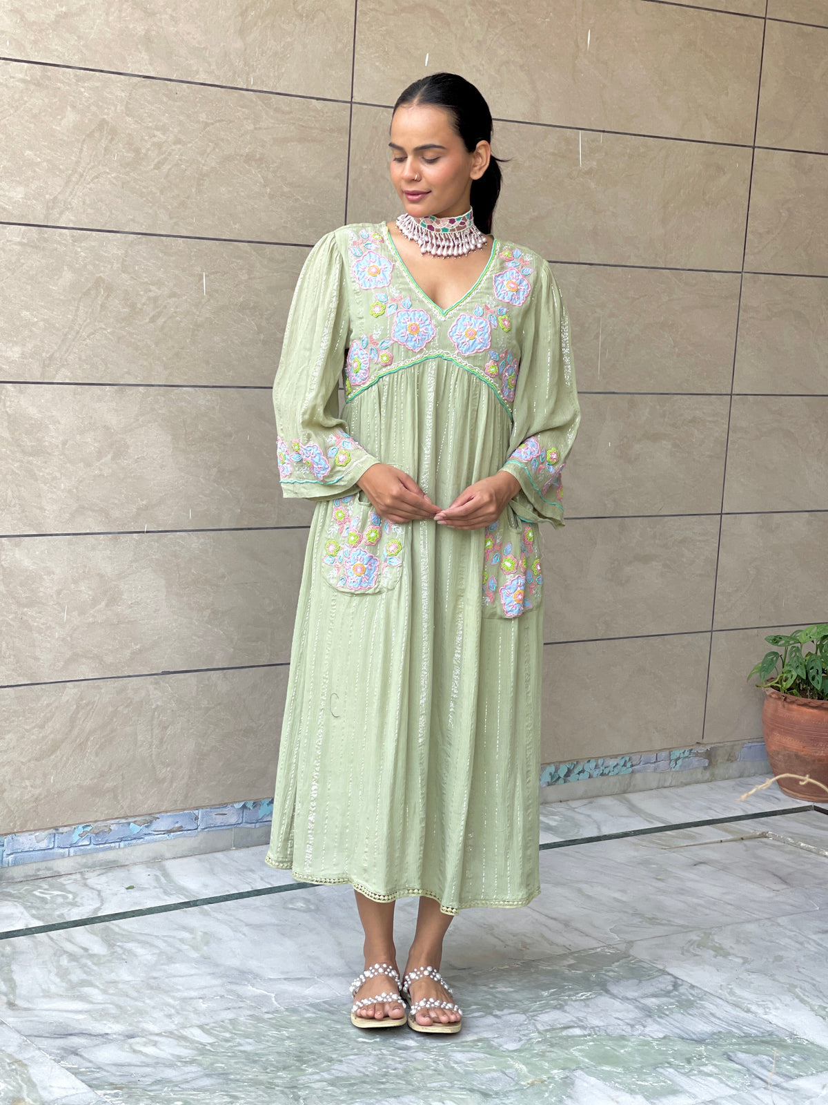 Deetya green Appliqué Handwork Dress