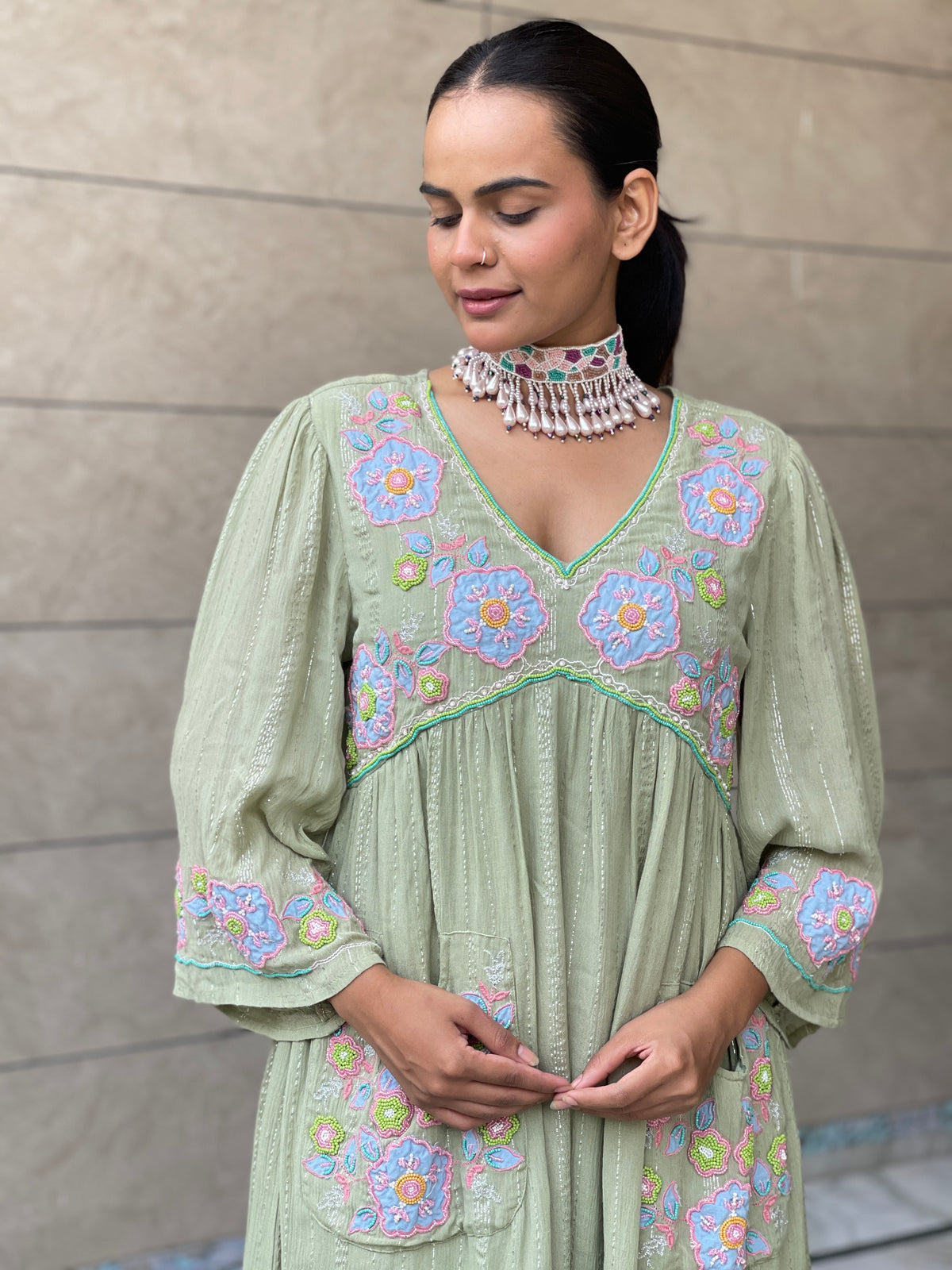 Deetya green Appliqué Handwork Dress