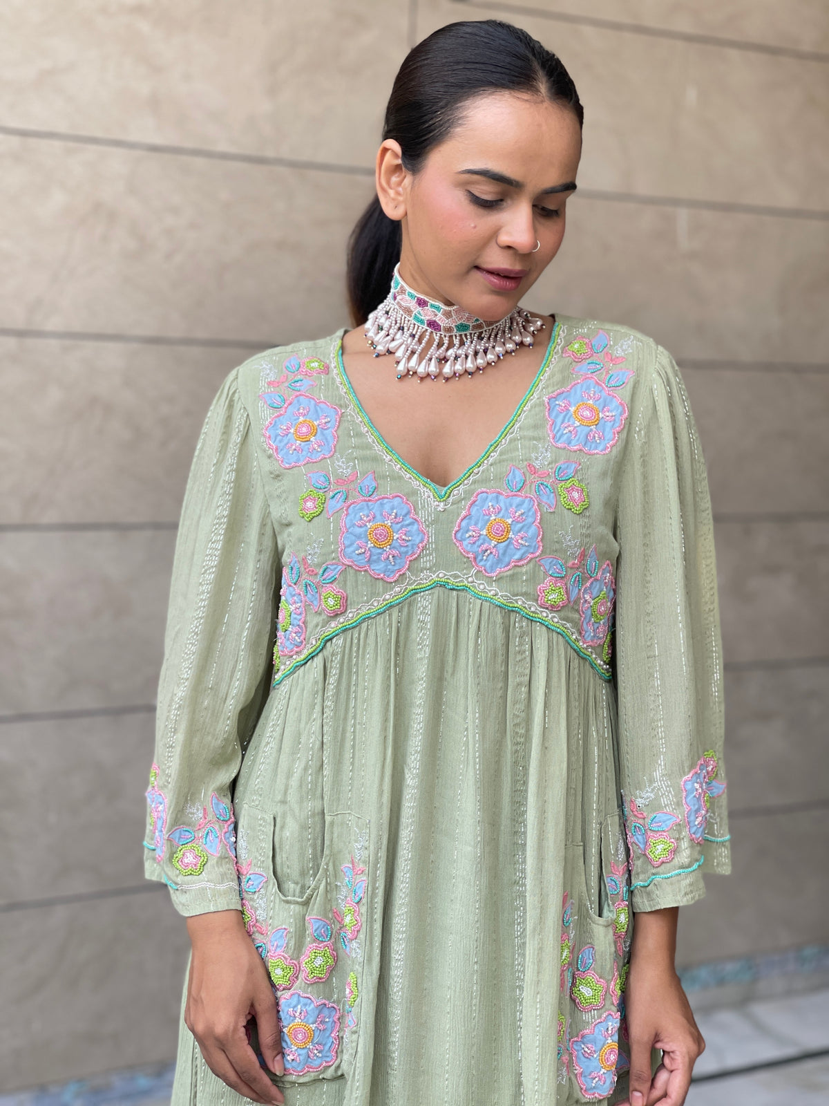 Deetya green Appliqué Handwork Dress