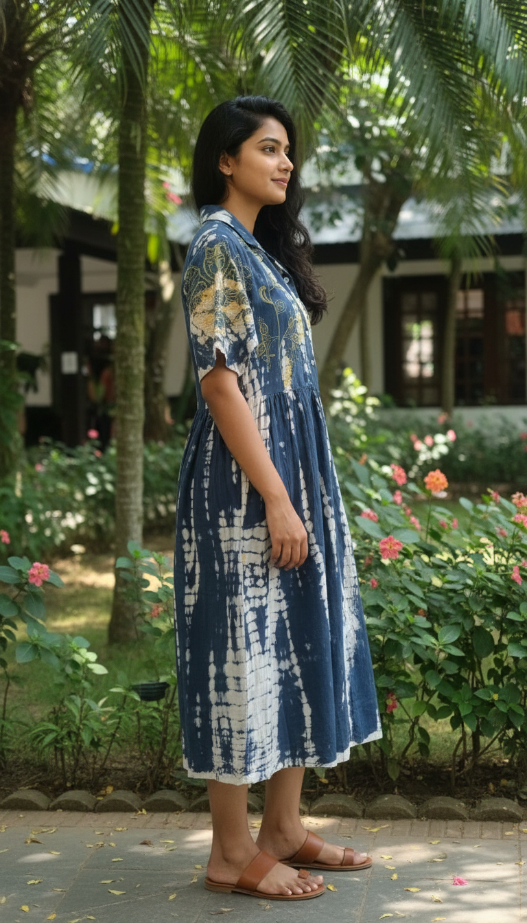 Peas Tie-dye Blue Embroidery Dress