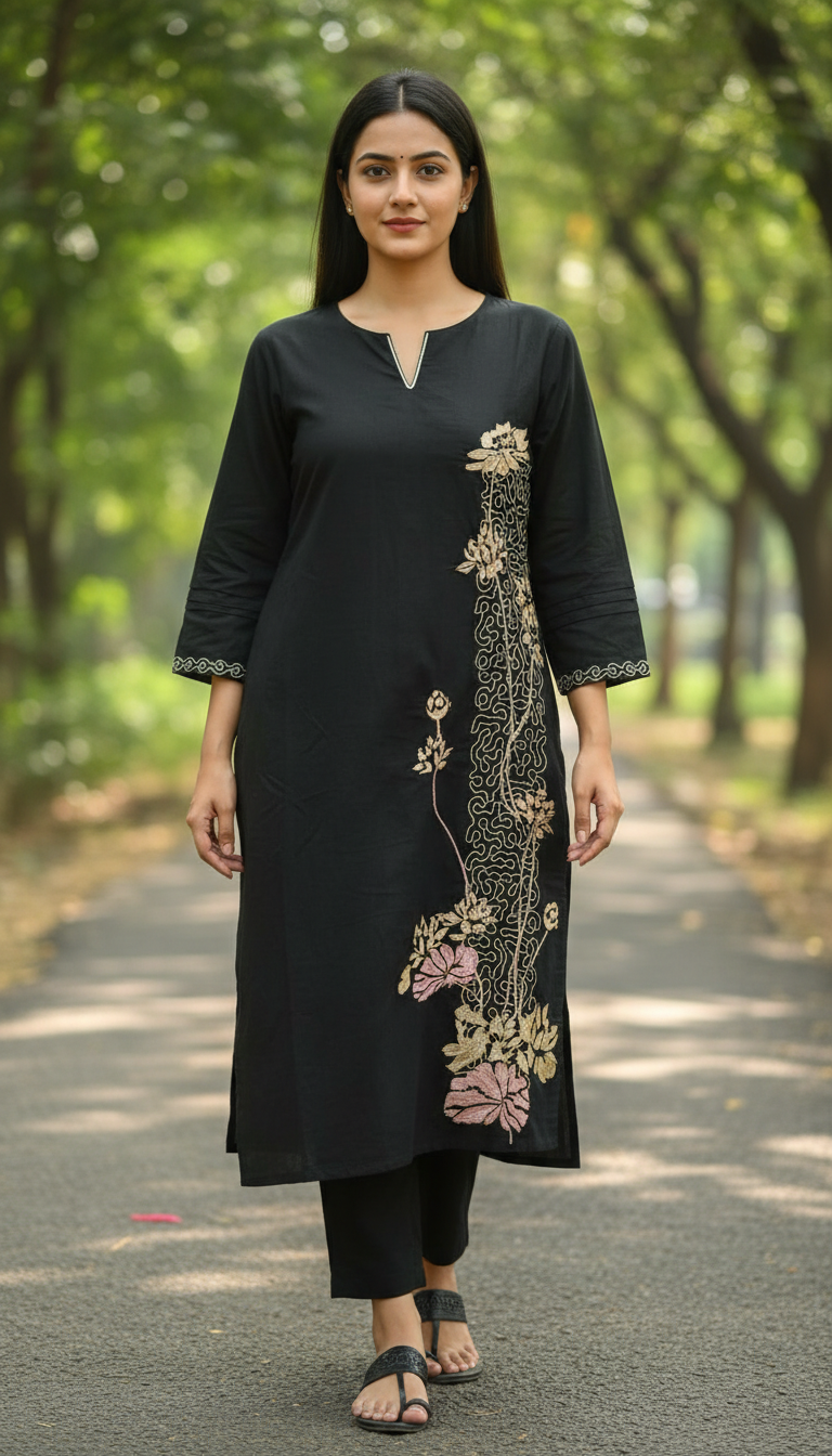 Varbena Black Embroidery Kurta Set