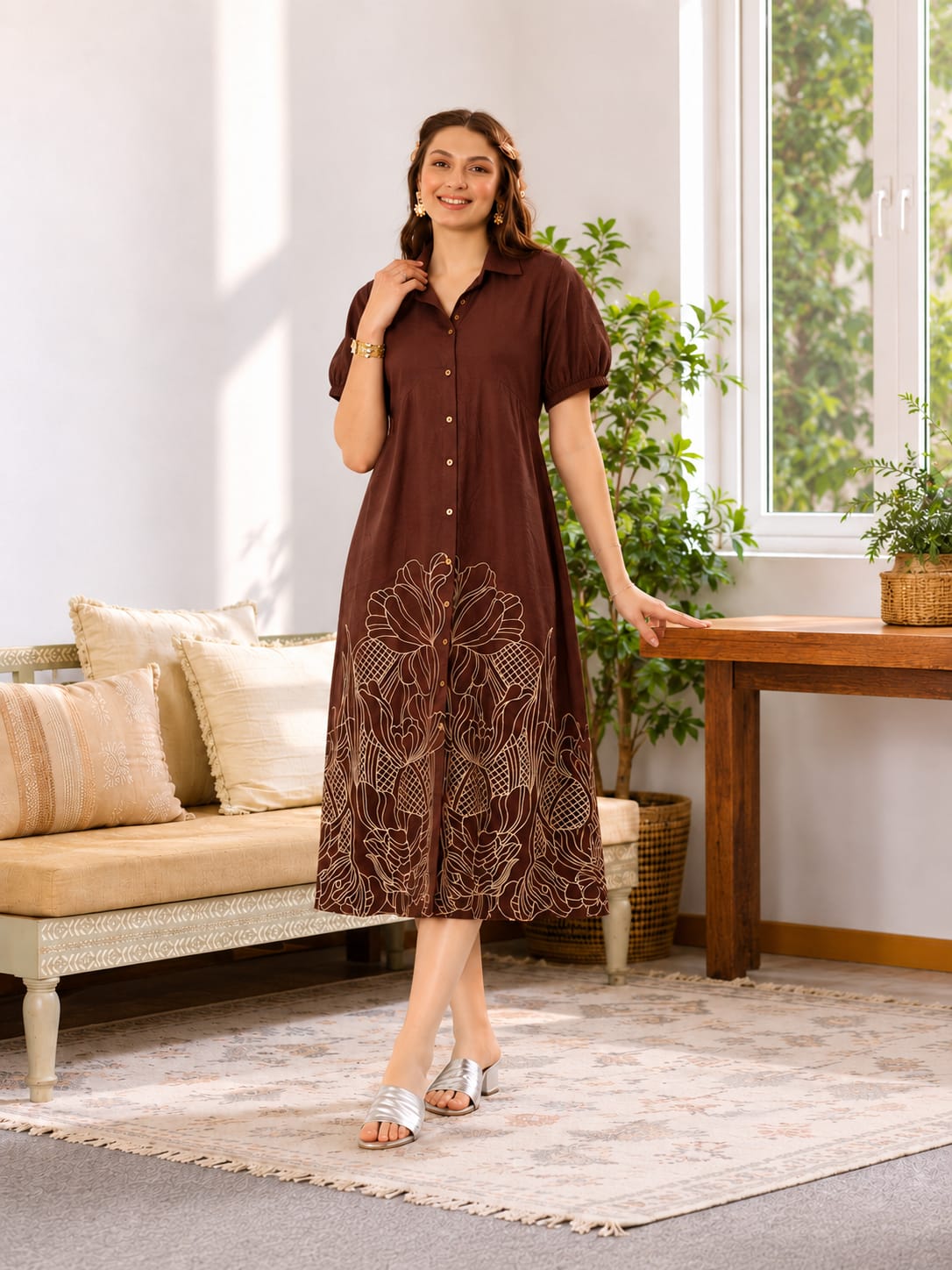Nora Brown Embroidery Dress