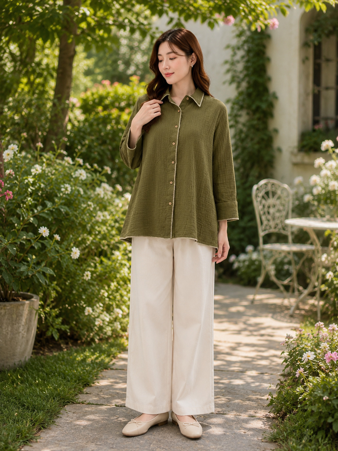 Slovey Olive Green  Embroidery Shrit