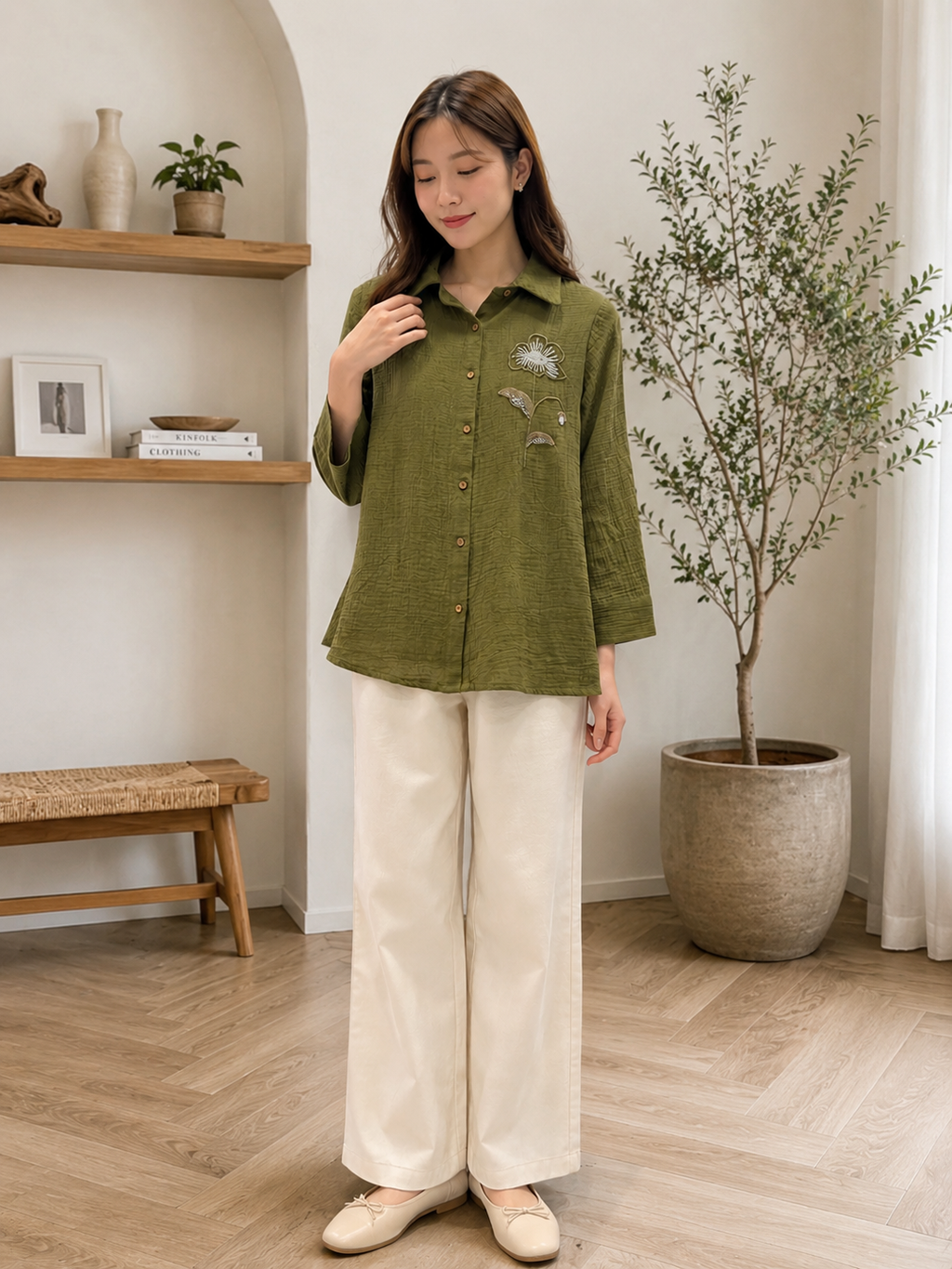 Slovey Olive  Green Hand Work Embroidery Shrit