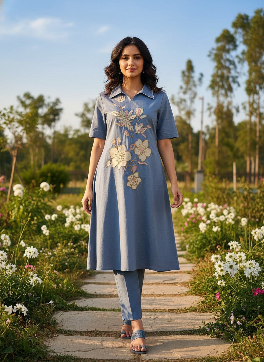 Charm Blue Embroidery Kurta Set