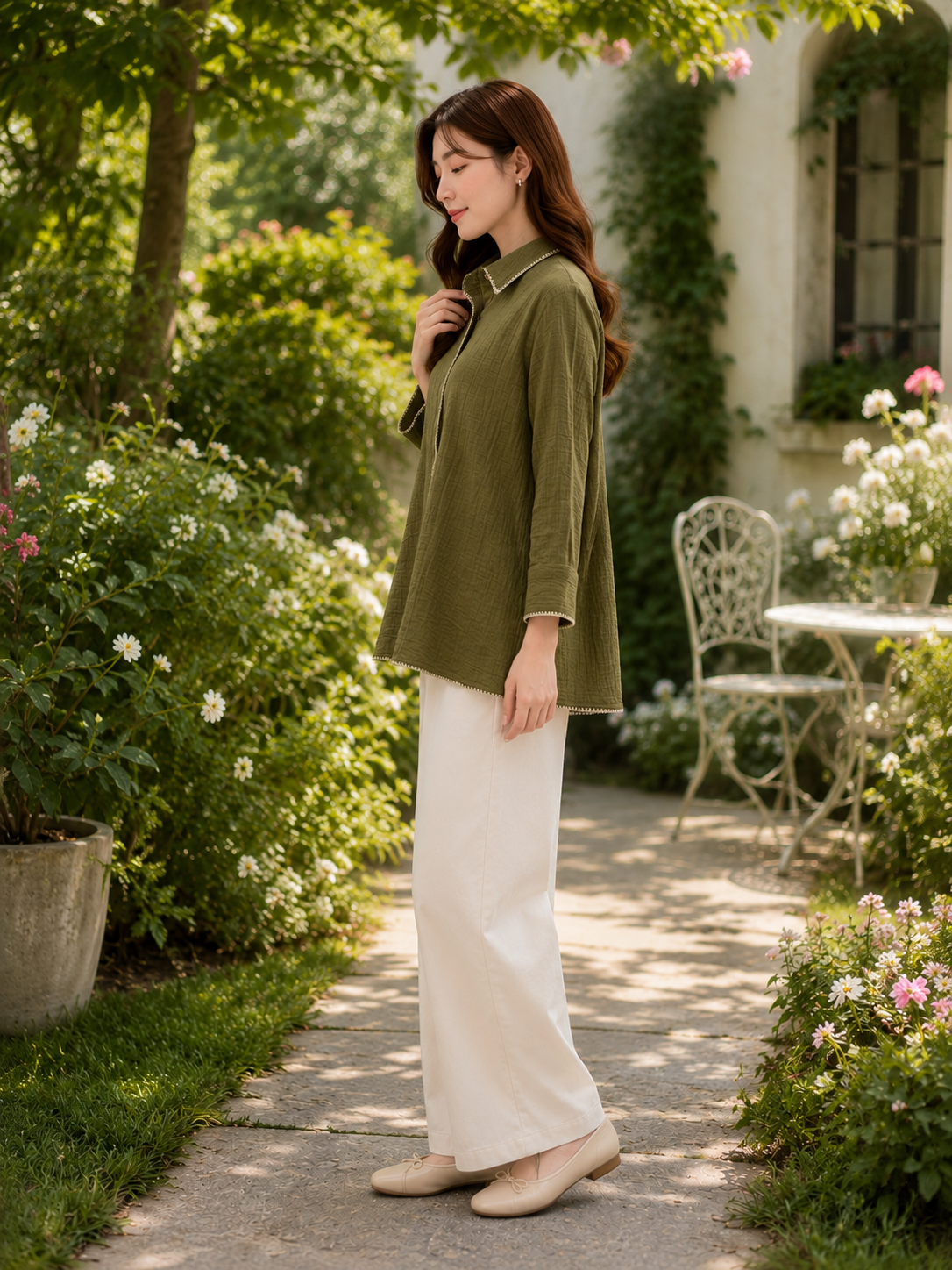 Slovey Olive Green  Embroidery Shrit