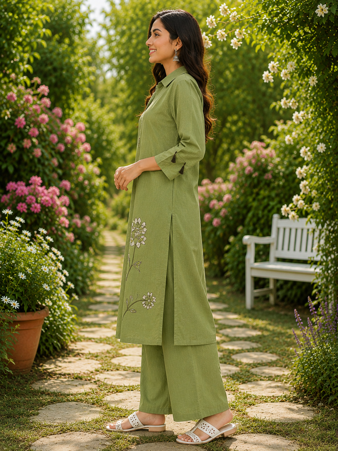 Flaur Olive Green Embroidery Co-ord set