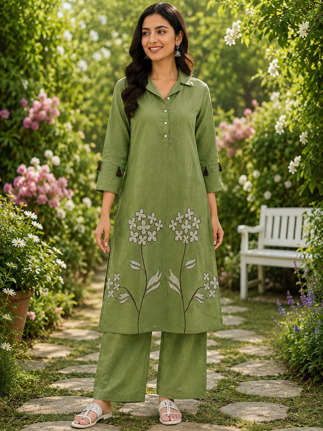 Flaur Olive Green Embroidery Co-ord set