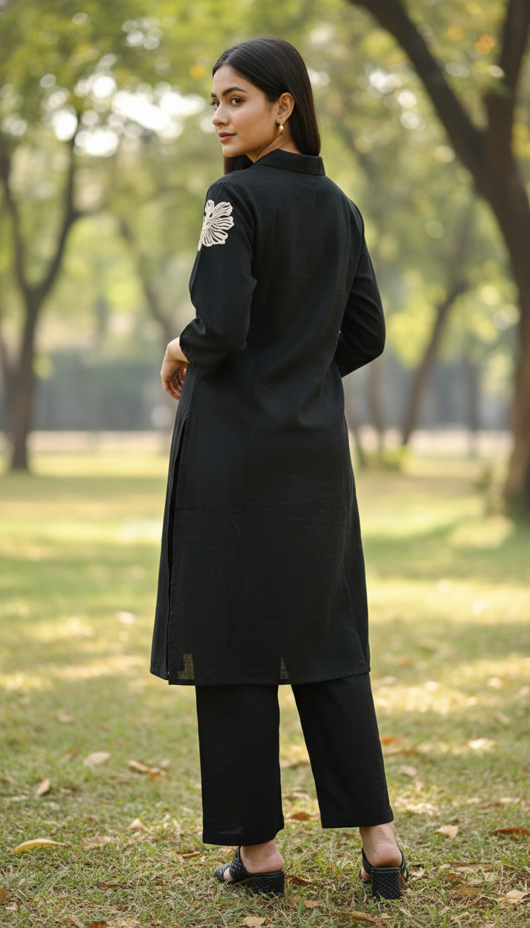 Handson Black Embroidery Kurta Set