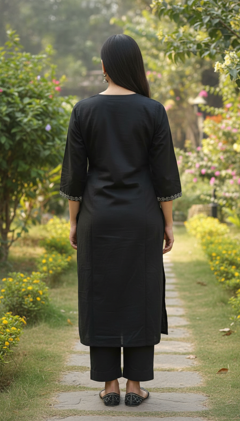 Varbena Black Embroidery Kurta Set